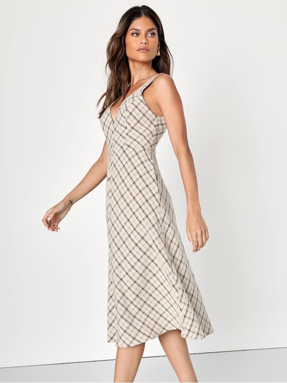 Lulu’s Uptown Affection Beige Plaid A-Line Midi Dress with Pockets Size L - Picture 2 of 16